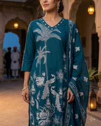 Peacock Blue Bandhani Printed 3-Piece Kurta Set