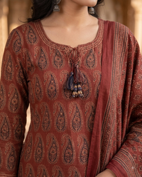 Rustic Maroon Ajrakh Printed 3-Piece Kurta Set