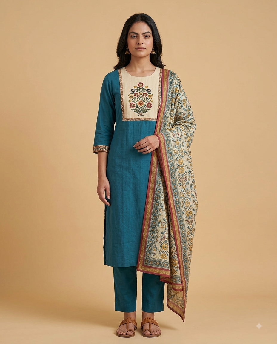 Teal Blue Yoke 3-Piece Kurta Set