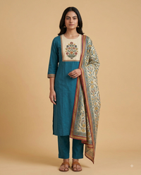 Teal Blue Yoke 3-Piece Kurta Set