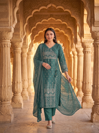 Deep Teal Bandhani Printed Angrakha 3-Piece Kurta Set
