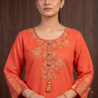 Coral Orange Embroidered Short Kurta Set