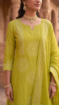 Lime Olive Green Bandhani Printed 3-Piece Kurta Set