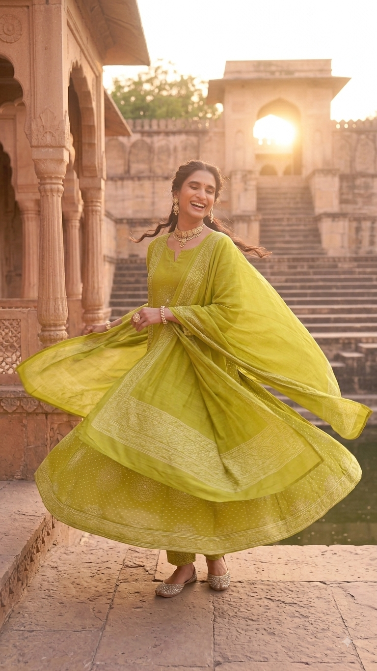 Lime Olive Green Bandhani Printed 3-Piece Kurta Set