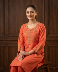 Coral Orange Embroidered Short Kurta Set