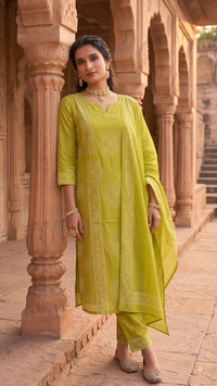 Lime Olive Green Bandhani Printed 3-Piece Kurta Set
