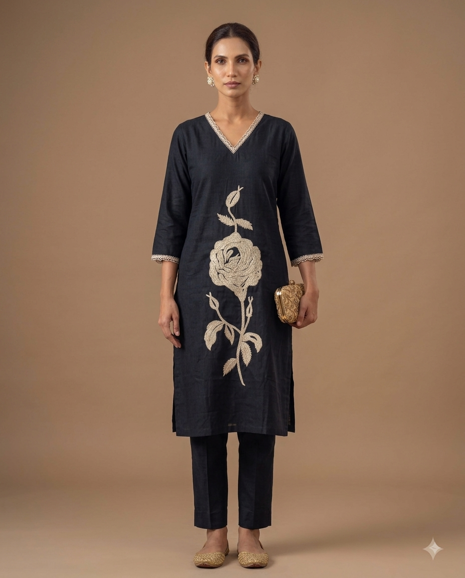 Midnight jet blue Statement Rose Embroidered Kurta Set