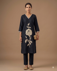 Midnight jet blue Statement Rose Embroidered Kurta Set
