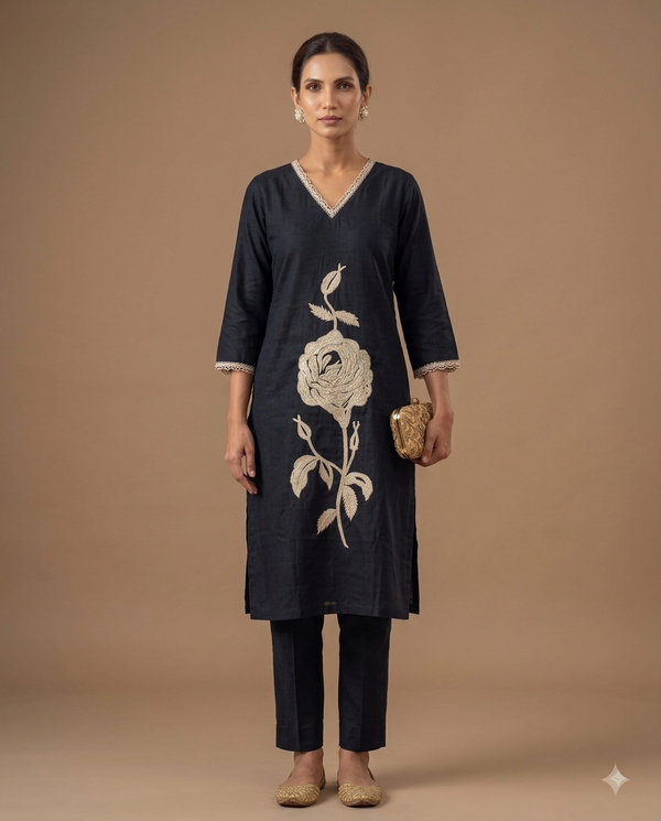 Midnight jet blue Statement Rose Embroidered Kurta Set