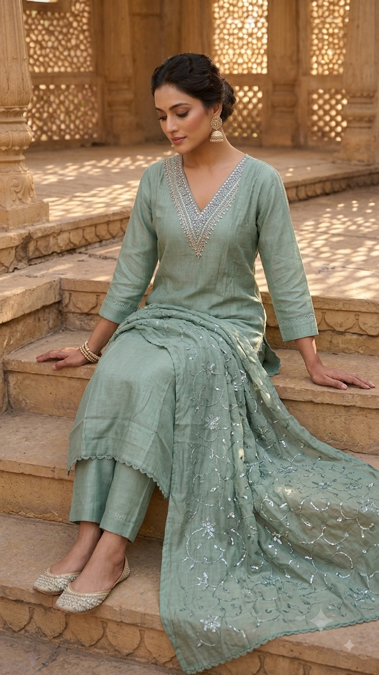 Sea Green Embroidered Silk-Blend 3-Piece Kurta Set