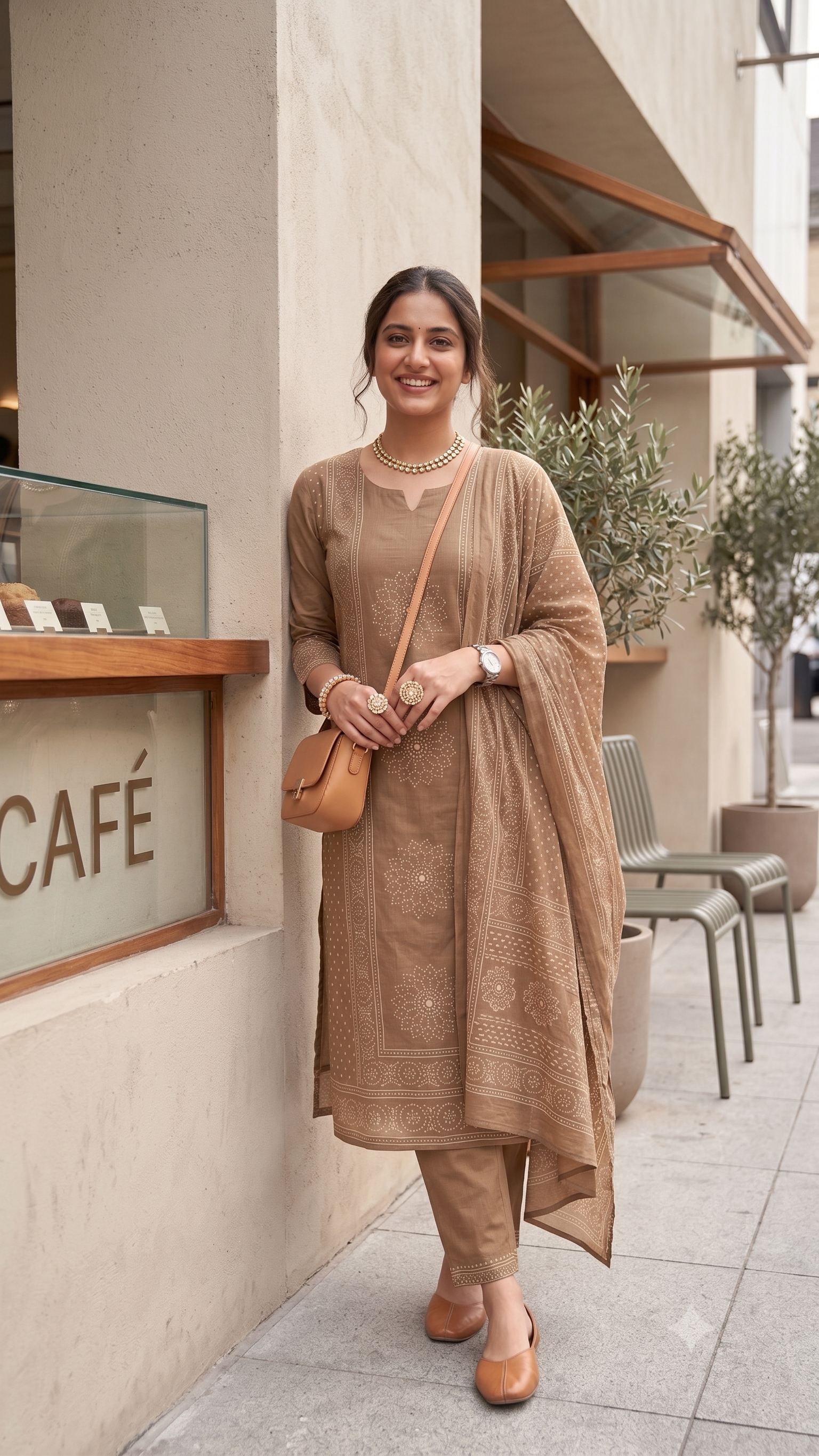 Mocha Brown Bandhani & Mandala Printed 3-Piece Kurta Set