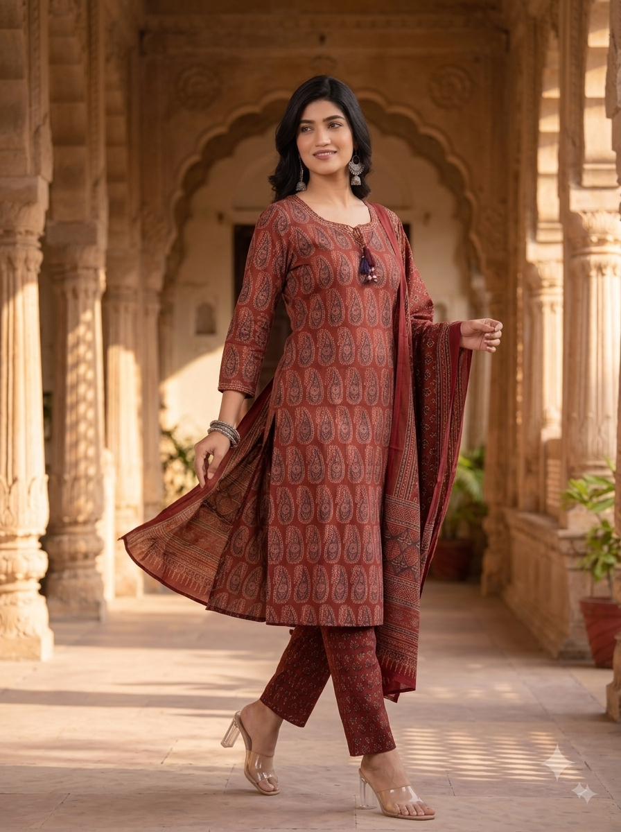 Rustic Maroon Ajrakh Printed 3-Piece Kurta Set