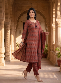 Rustic Maroon Ajrakh Printed 3-Piece Kurta Set