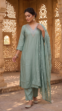 Sea Green Embroidered Silk-Blend 3-Piece Kurta Set