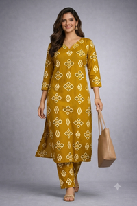 Mustard Printed Long Kurti Set