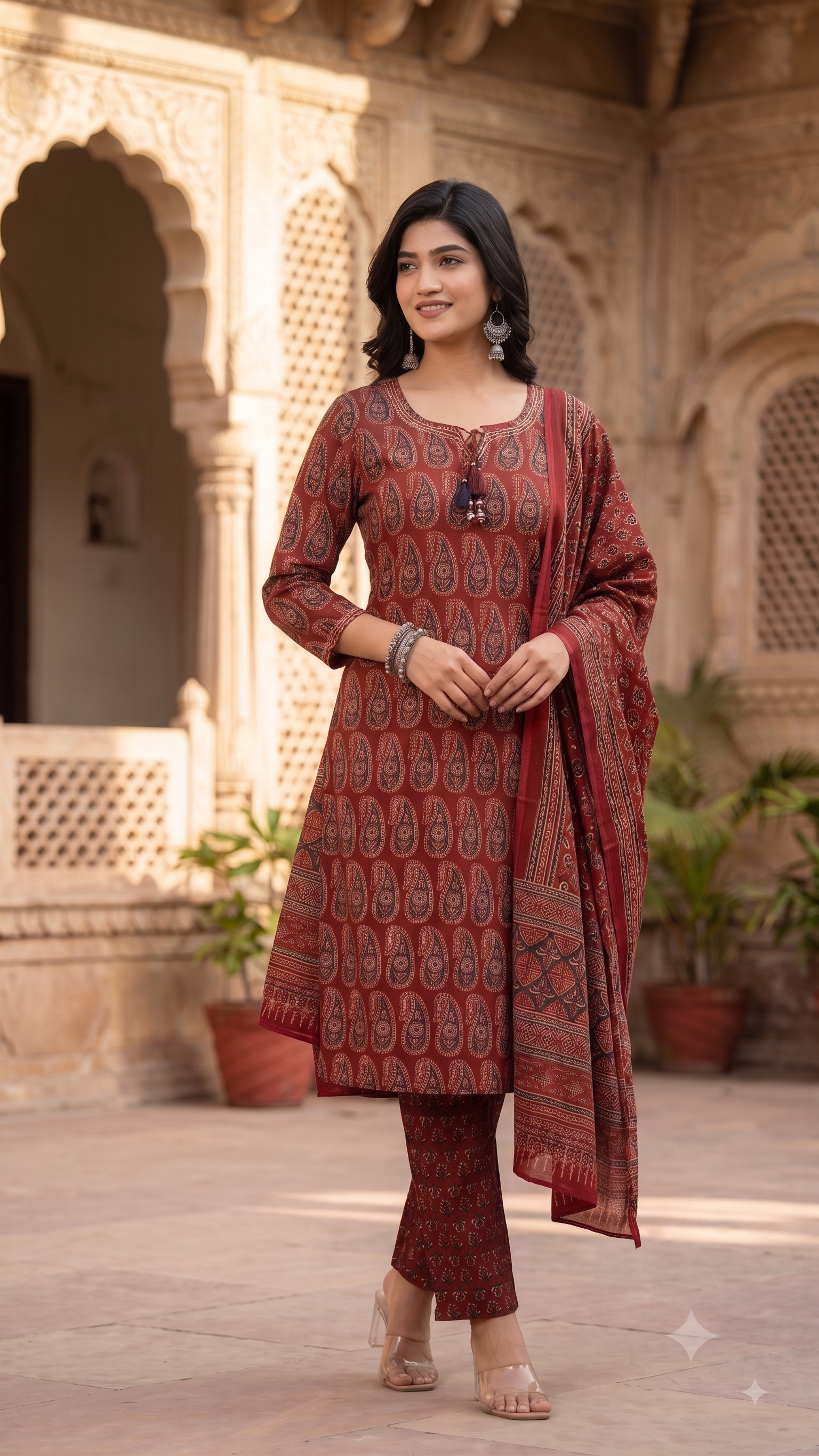 Rustic Maroon Ajrakh Printed 3-Piece Kurta Set