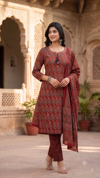 Rustic Maroon Ajrakh Printed 3-Piece Kurta Set