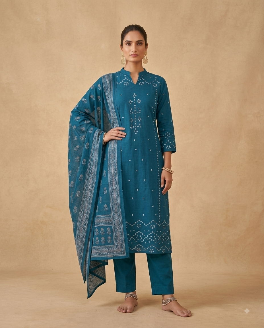 Peacock Blue Bandhani Printed 3-Piece Kurta Set