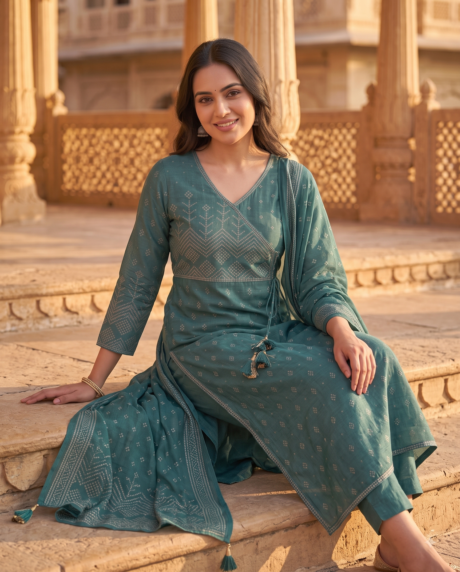 Deep Teal Bandhani Printed Angrakha 3-Piece Kurta Set