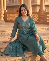 Deep Teal Bandhani Printed Angrakha 3-Piece Kurta Set