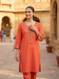 Coral Orange Embroidered Short Kurta Set