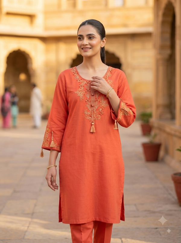 Coral Orange Embroidered Short Kurta Set