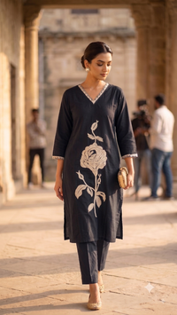 Midnight jet blue Statement Rose Embroidered Kurta Set