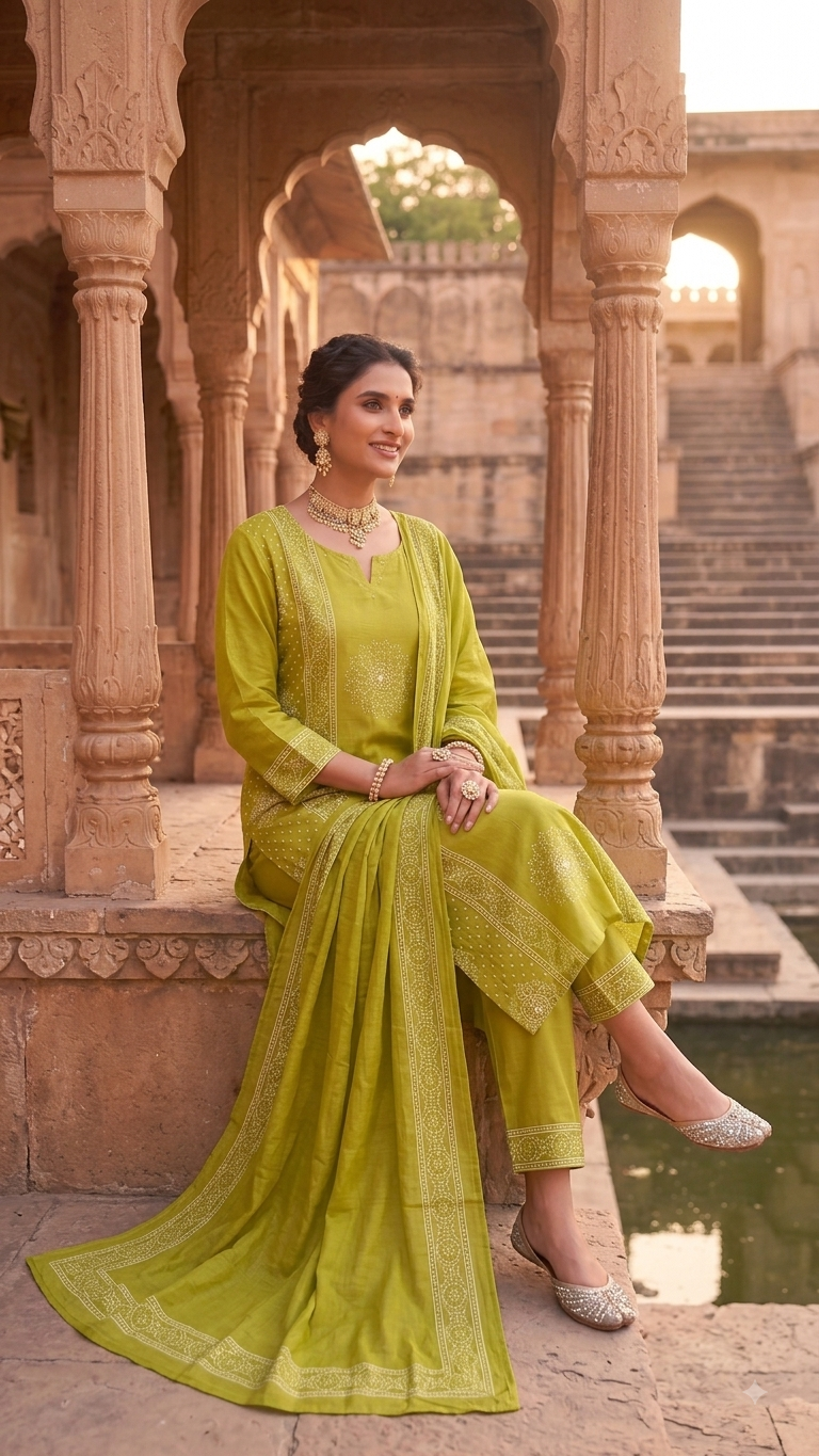 Lime Olive Green Bandhani Printed 3-Piece Kurta Set