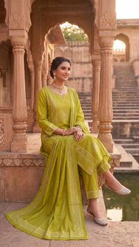 Lime Olive Green Bandhani Printed 3-Piece Kurta Set