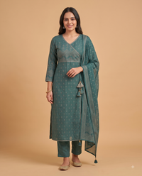 Deep Teal Bandhani Printed Angrakha 3-Piece Kurta Set