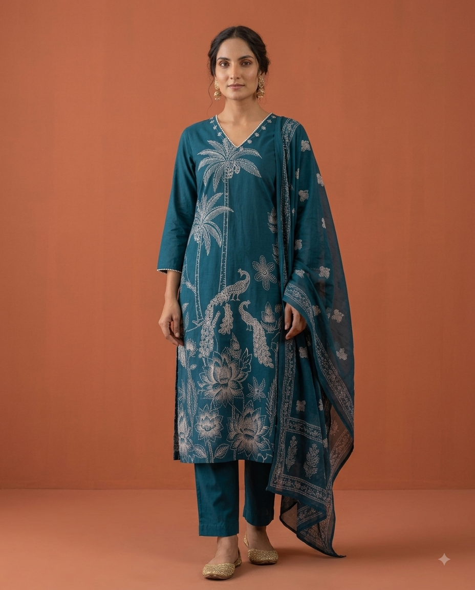 Peacock Blue Bandhani Printed 3-Piece Kurta Set