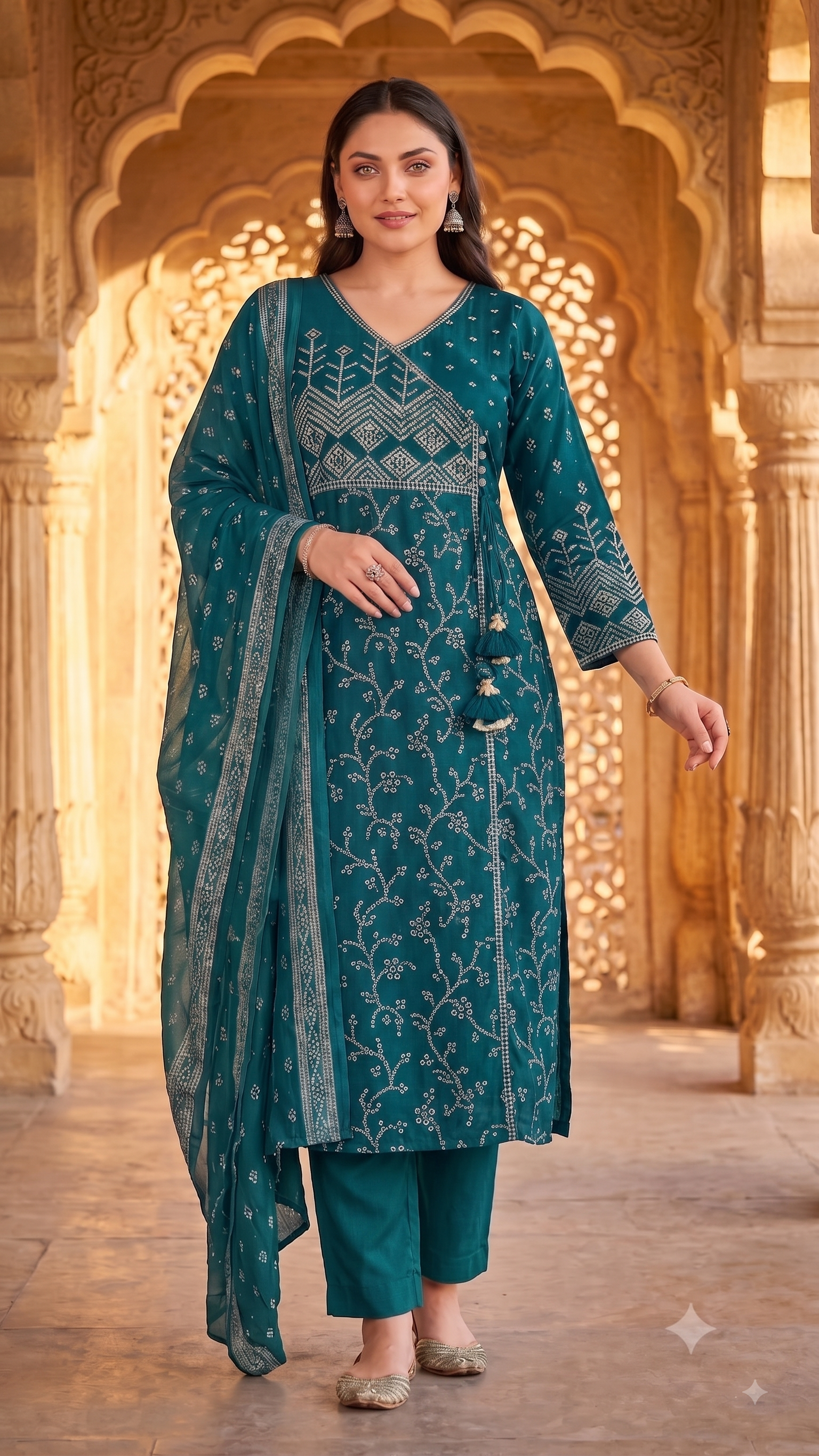 Deep Teal Bandhani Printed Angrakha 3-Piece Kurta Set