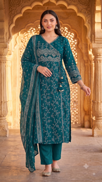 Deep Teal Bandhani Printed Angrakha 3-Piece Kurta Set