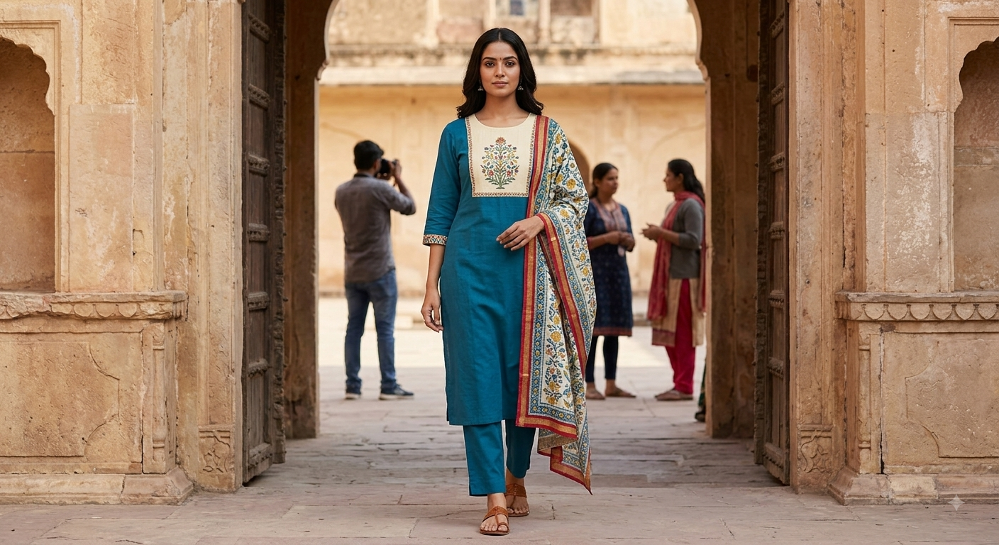 Teal Blue Yoke 3-Piece Kurta Set