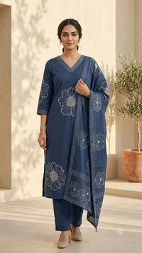 Indigo Floral Embroidered Kurta Set