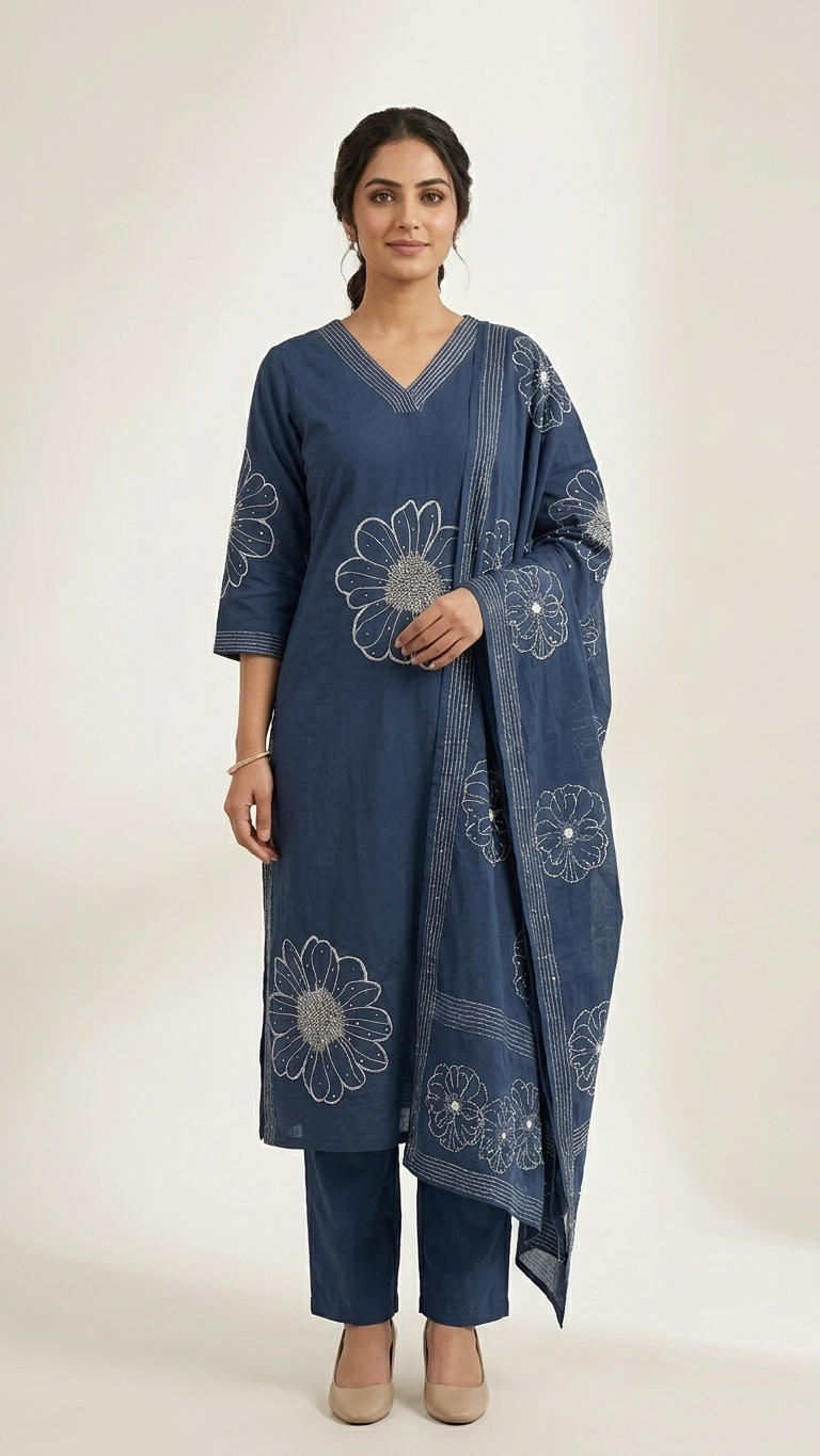 Indigo Floral Embroidered Kurta Set