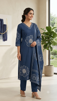 Indigo Floral Embroidered Kurta Set