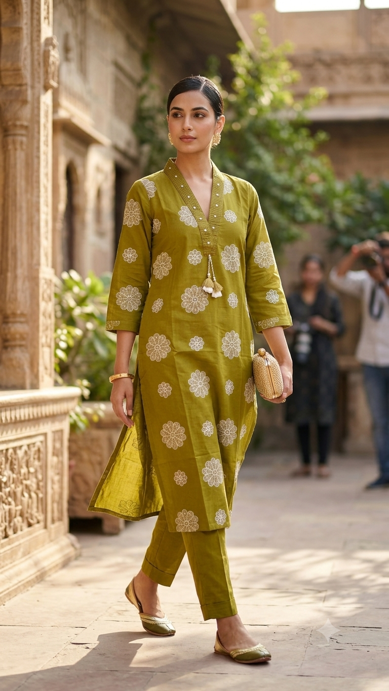 Olive Green Floral kurta