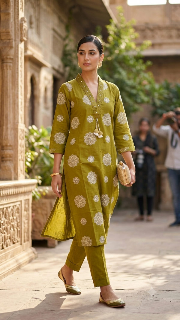 Olive Green Floral kurta