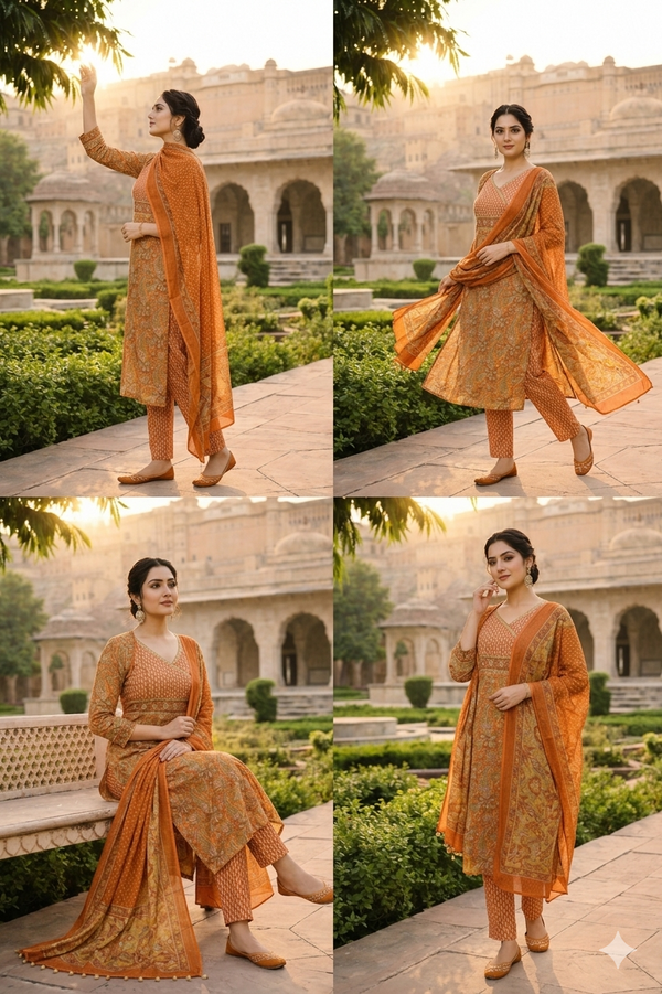 orange printed cotton set with duppata