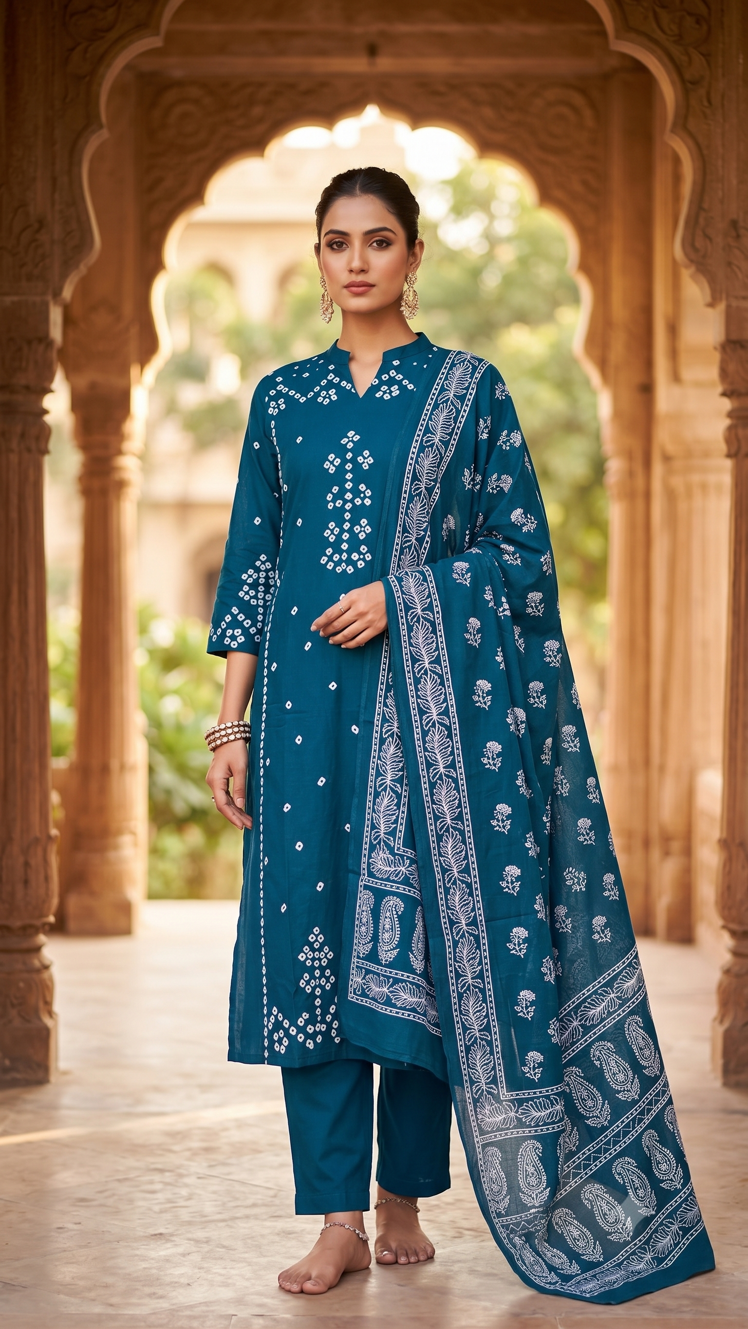 Peacock Blue Bandhani Printed 3-Piece Kurta Set