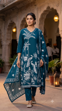Peacock Blue Bandhani Printed 3-Piece Kurta Set