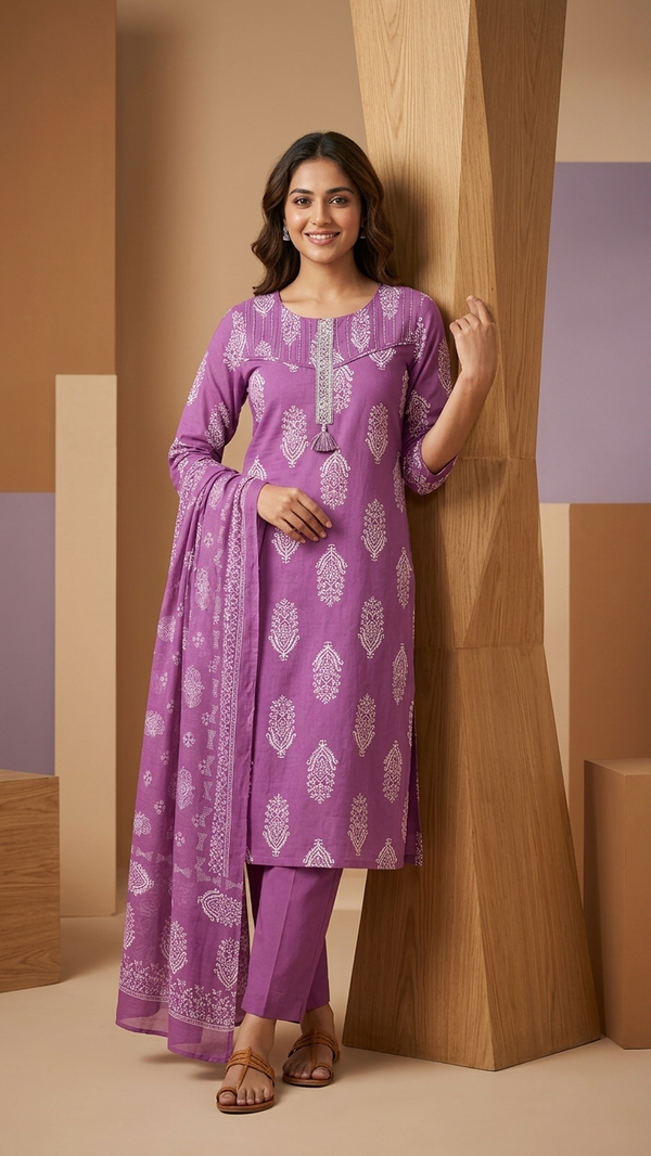 Royal Purple Printed Kurta Set