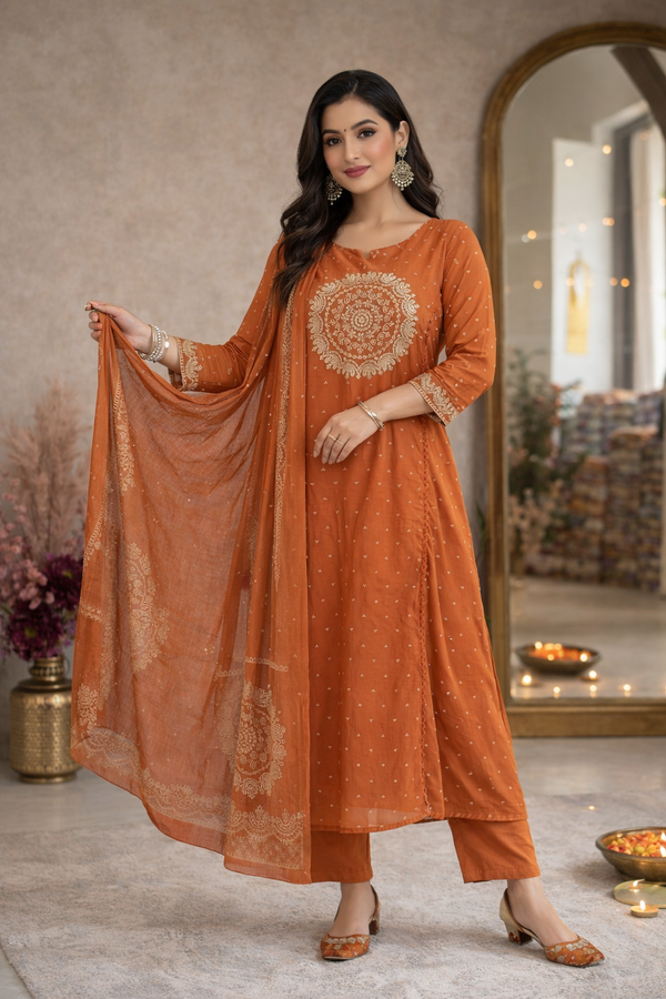 Rusty Brown Anarkali set with dupatta