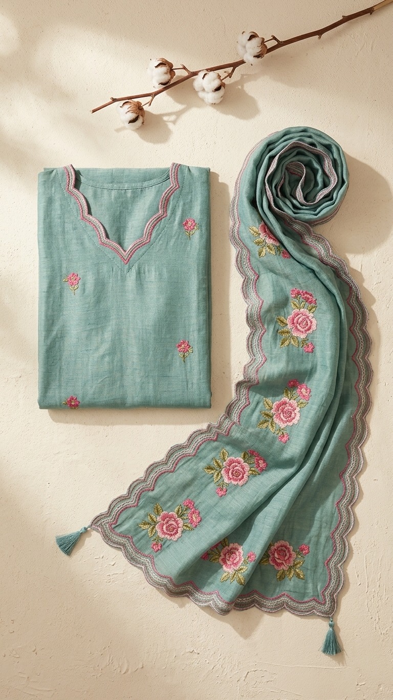 Teal Floral Embroidered Kurta Set
