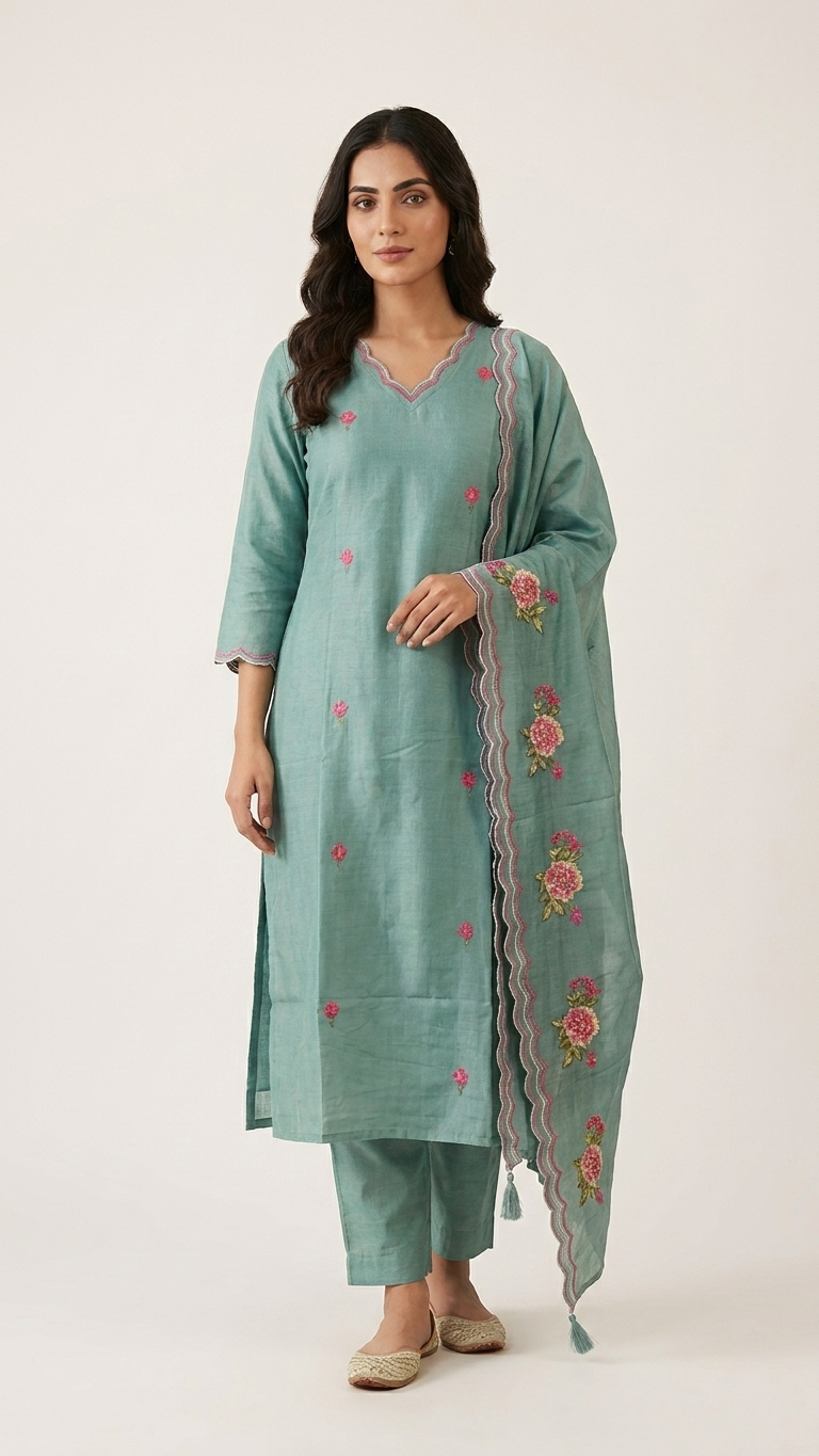 Teal Floral Embroidered Kurta Set
