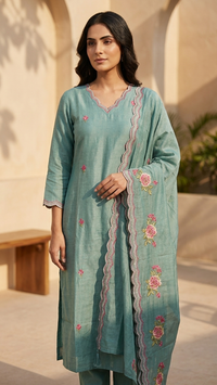 Teal Floral Embroidered Kurta Set