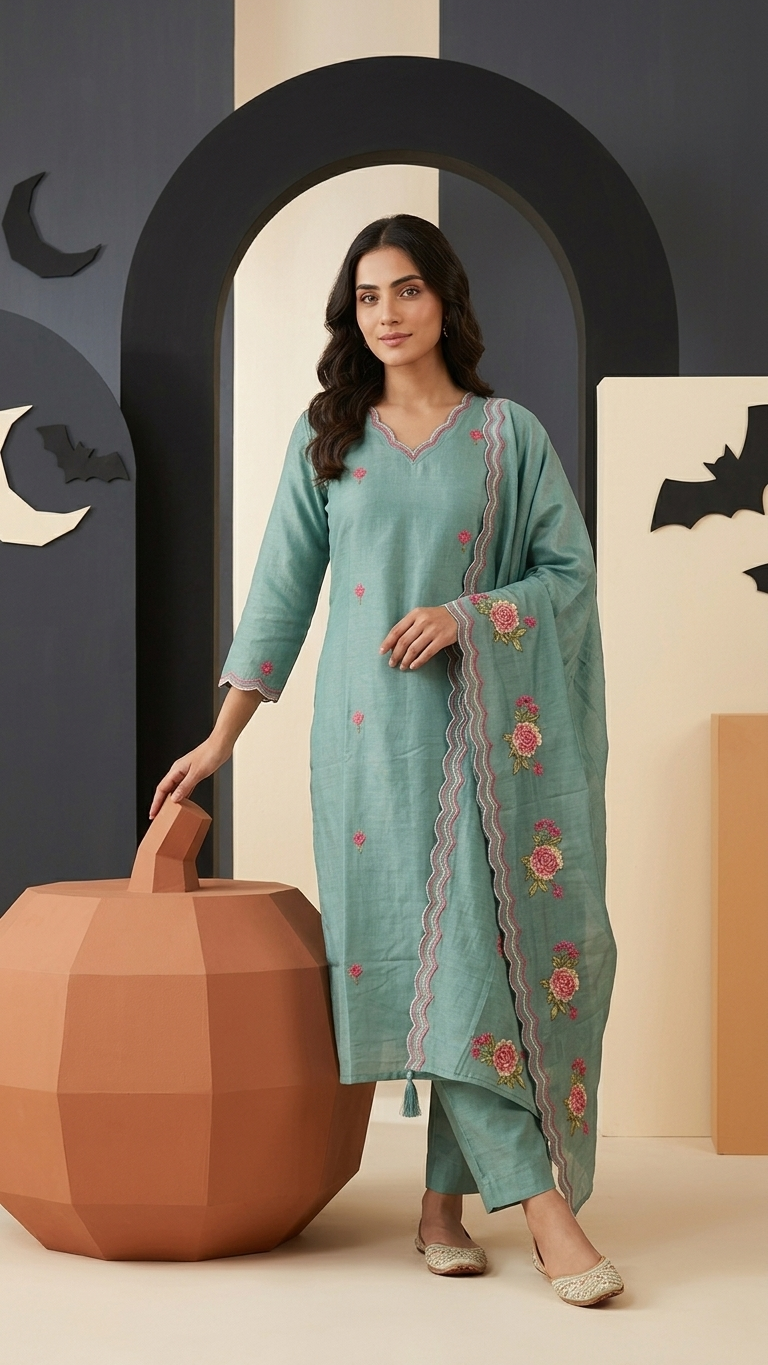 Teal Floral Embroidered Kurta Set