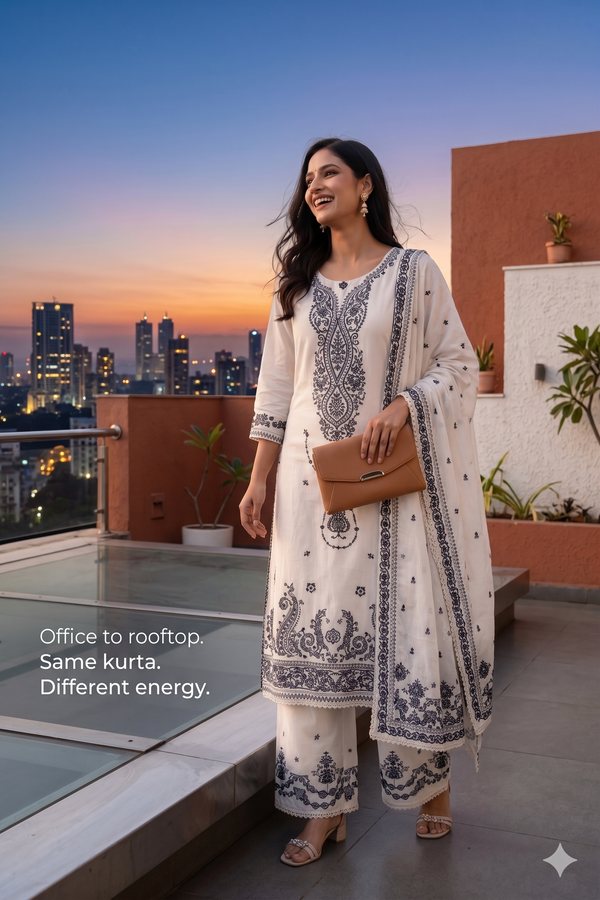 White & Grey Embrodiery Elegance Kurta set