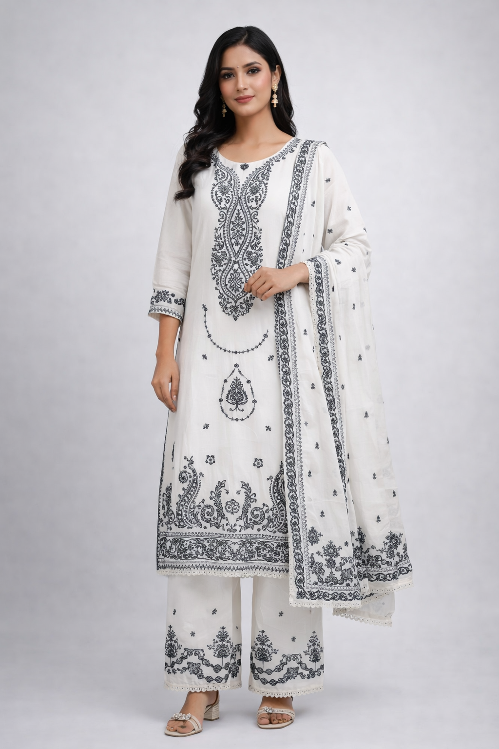 White & Grey Embrodiery Elegance Kurta set